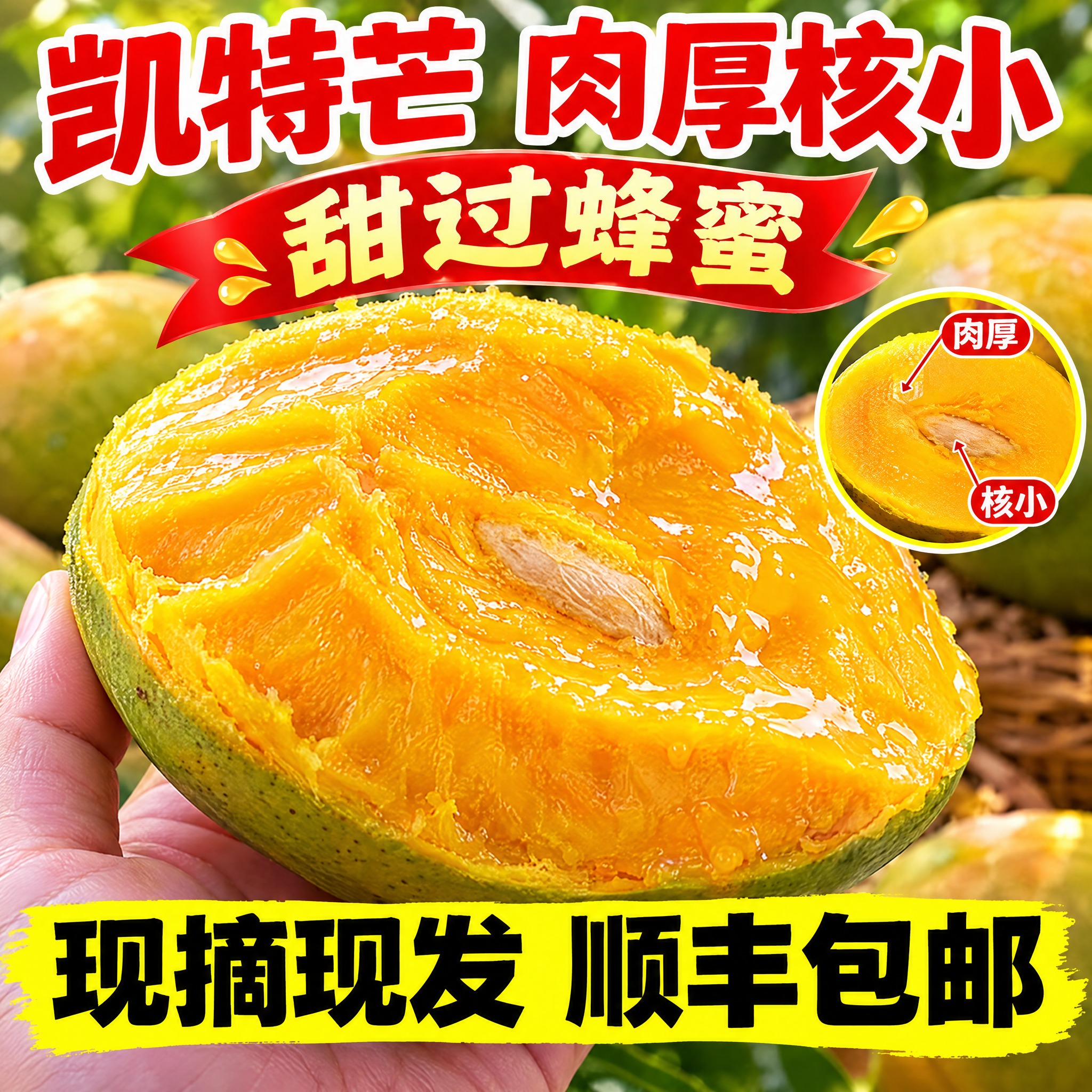 拼多多电商主图，攀枝花凯特芒果，手捧切开的凯特芒果特写，果肉金… - 图片创意预览