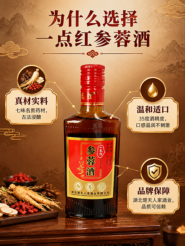 [商品] 使用【图1】一点红参蓉酒正面瓶身图；保留瓶身外观和标签全部细节，产品居中放置，占画面约45%，正面朝向观众。
[画面] 目标：三大核心理由拆解，中心引线型版式。构图：产品位于画面中心，四周向外引出三条金色引线，分别指向三个卖点区域。三个卖点呈三角形分布在产品周围，每个卖点配小图标和简短说明。背景为暖棕色渐变，带细微中式纹理。整体信息层级清晰，阅读动线明确。
[视觉] 套系策略：风格=中式传统养生商业摄影，暖调高级质感；标题字=宋体加粗带衬线，传统中式风格；正文字=简洁黑体；主色=酒红+暗金；背景延展=暖棕渐变+中式暗纹纹理，深浅层级过渡自然；强调色=金色，仅用于小面积图标、引线和装饰线条；标题色=酒红色；正文色=深棕色；组件=金色细线边框、中式云纹装饰、圆角信息卡；光影=正面均匀柔光，瓶身细节清晰，底部有柔和投影。
[文字] 顶部主标题「为什么选择一点红参蓉酒」，下方三大理由：1.「真材实料」——七味名贵药材，古法浸酿；2.「温和适口」——35度酒精度，口感温润不刺激；3.「品牌保障」——湖北楚天人家酒业，品质可信赖。文字配合金色引线从产品引出，分布在产品四周。
[规格] 图片比例3:4竖版，4K分辨率，负向提示：避免变形、错字、文字过小、冷蓝背景、引线杂乱、医疗功效承诺、绝对化用语。