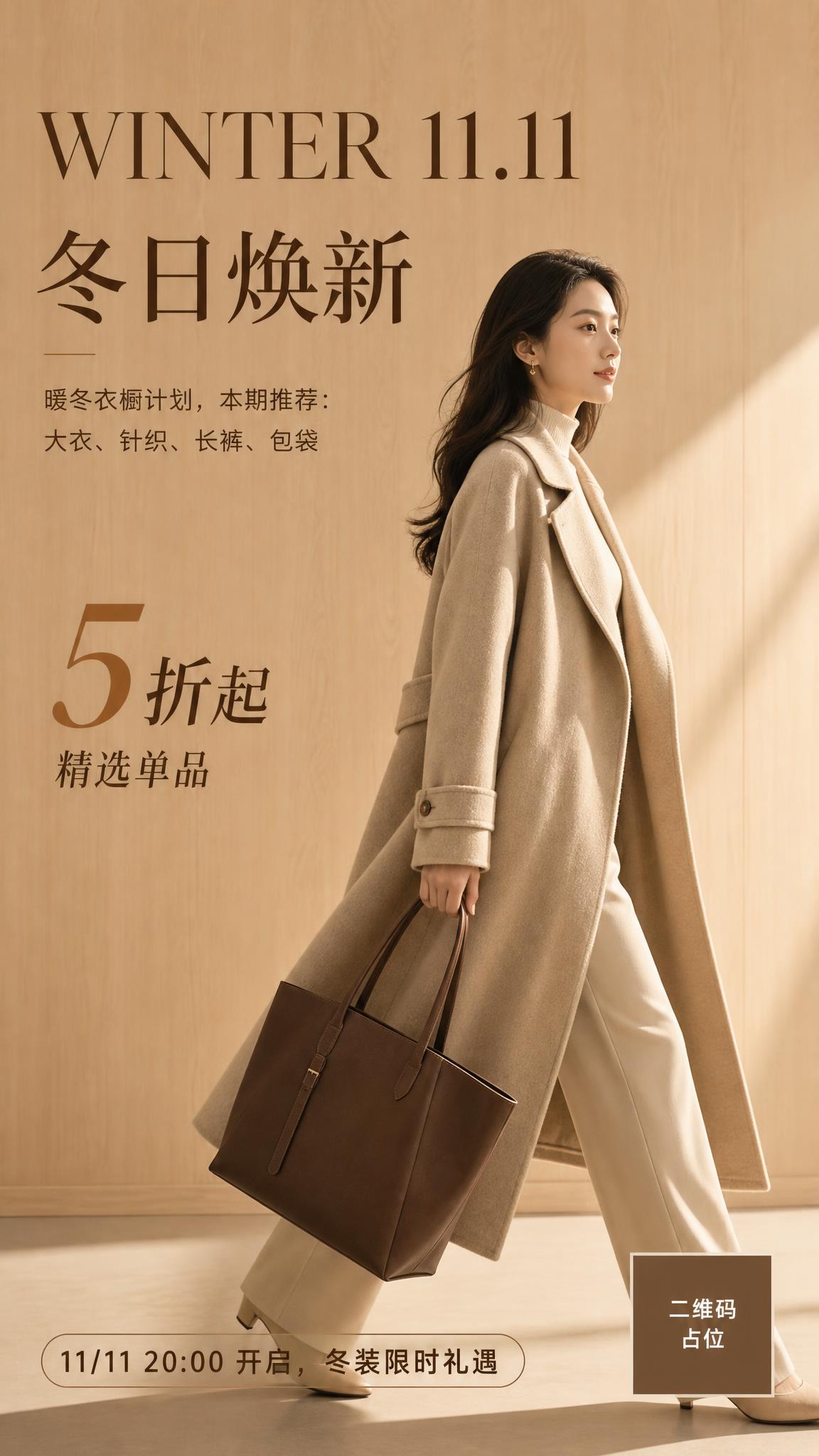 竖版电商活动海报，极简轻奢女装风格，简约高级质感，电影感柔和光… - 图片创意预览