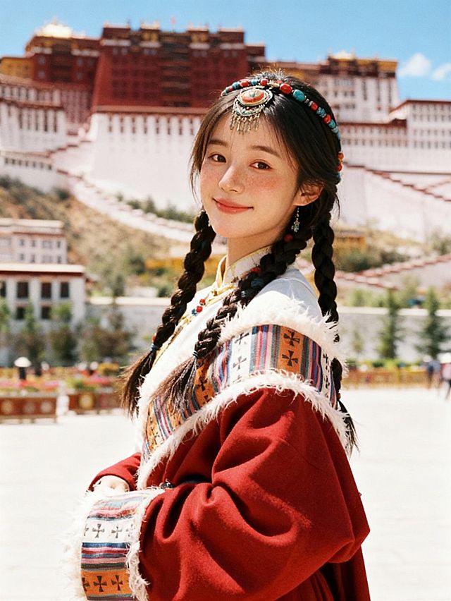 图片中的女生站在拉萨布达拉宫前，衣服换成藏族服饰，晒伤妆，头发编起来，戴藏族头饰