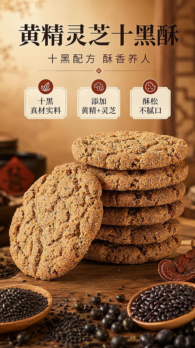 [商品] 使用【图1】黄精灵芝十黑酥饼干；保留饼干圆形轮廓、棕褐色酥性质地、表面黑色颗粒、粗糙孔隙纹理和堆叠形态；增强酥松质感与颗粒细节，不改变饼干结构、颜色和比例。
[画面] 目标：食欲氛围头图，突出十黑养生酥点的产品全貌与核心卖点。构图：上文下图，产品占画面60%，居中偏下堆叠展示，顶部留白放文案。前景散落黑芝麻、黑豆、黑米等黑色谷物原料，中景为饼干主体，背景为暖棕色渐变+中式木质纹理虚化。阅读动线从上到下。
[视觉] 套系策略：风格=中式养生商业美食摄影；标题字=宋体粗体（中式衬线）；正文字=简洁无衬线体；主色=深棕+暖米；背景延展=基于深棕与暖米做深浅层级、同色渐变和细腻木纹/宣纸质感；强调色=赭石红，仅用于小面积图标、引线和标签；标题色=深棕黑；正文色=暖棕灰；组件=圆角米底信息卡、细线引线、中式印章式标签；光影=左前侧暖柔光，自然投影。
[文字] 顶部主标题「黄精灵芝十黑酥」，副标题「十黑配方 酥香养人」，下方3个短卖点：①十黑真材实料 ②添加黄精+灵芝 ③酥松不腻口。文字区位于画面上方1/3，横向排版，不遮挡饼干主体。
[规格] 图片比例9:16竖版，分辨率2K，避免变形、错字、文字过小、冷蓝/冷灰背景、饼干颜色改变、结构失真、极限词、医疗功效承诺。