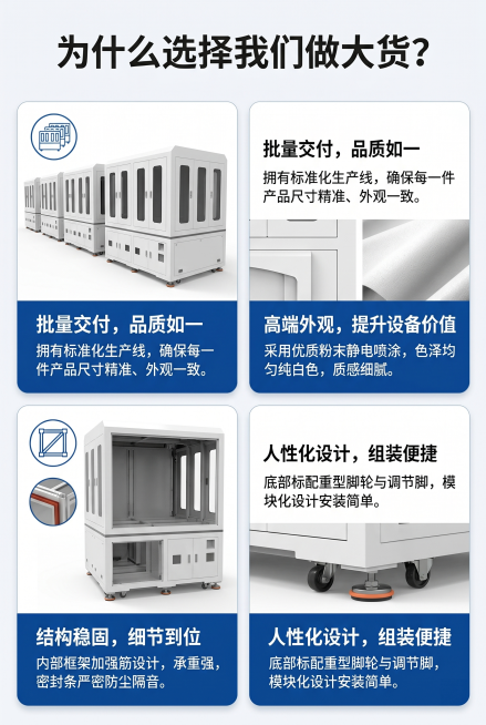 电商详情页核心优势板块，标题“为什么选择我们做大货？”，展示四个优势：1.批量交付，品质如一 文案：拥有标准化生产线，确保每一件产品尺寸精准、外观一致。2.高端外观，提升设备价值 文案：采用优质粉末静预览效果