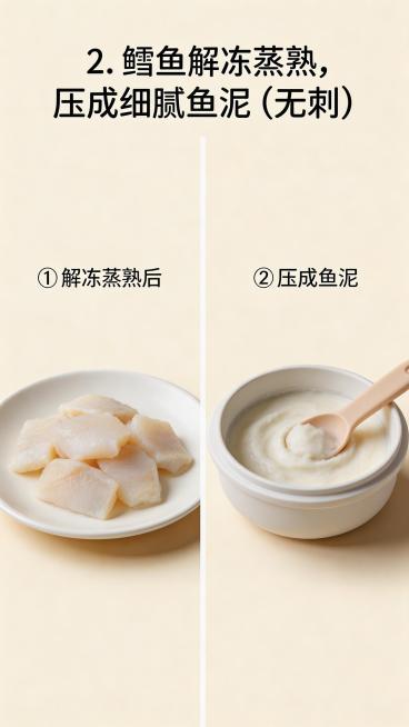 宝宝辅食制作步骤图，展示鳕鱼解冻后蒸熟，再将鳕鱼压成无刺的细腻鱼泥，画面干净清新，上方添加标题文字"2. 鳕鱼解冻蒸熟，压成细腻鱼泥（无刺）"预览效果