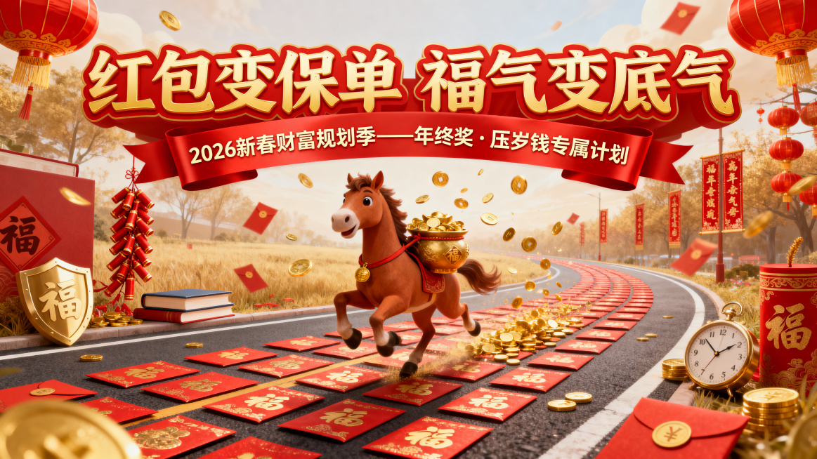 红金色调海报，最上方是大字体红底金边的"红包变保单 福气变底气"，字体饱满有力；主标题下方是红缎带造型的金色字体副标题"2026新春财富规划季——年终奖·压岁钱专属计划"；主画面是压岁钱和奖金红包铺成预览效果