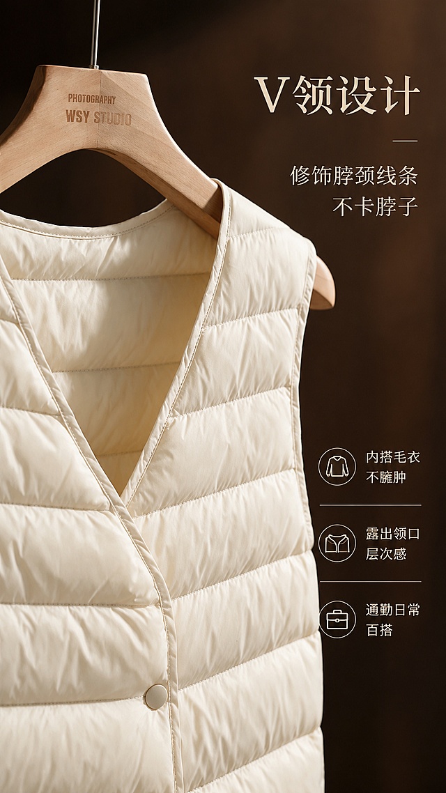 [第3屏] 详情页V领设计解析-米白色羽绒马甲领口细节特写。本屏使用【图3】作为商品主体。
[氛围/风格] 精致细节质感，暖调柔光，商业摄影微距质感，突出领口设计。
[元素布局] 米白色羽绒马甲V领领口特写占据画面主体，约占65%，木质衣架挂于上方；左侧展示领口深度和V型线条，右侧留白放文案；背景为虚化的深棕色木质纹理；领口缝线工整，V领角度适中，露出内搭层次感示意。
[光影质感] 左上方45°柔光照射，领口边缘有清晰高光，V领内侧自然阴影，突出立体感和面料质感，整体温暖细腻。
[配色色系] 全局底色 #4A3728（深棕虚化）；主色米白马甲；辅助色原木色、深棕色文字。
[视角构图] 领口特写微俯视，V领为视觉中心，阅读动线右侧标题 → 左侧领口细节 → 底部卖点说明。
[文字版式] 版式为右侧标题区 + 左侧领口特写 + 底部说明。主标题「V领设计」，副标题「修饰脖颈线条 不卡脖子」；下方卖点列表：「内搭毛衣不臃肿」「露出领口层次感」「通勤日常百搭」；文字右对齐，不遮挡领口关键结构。
[比例分辨率] 9:16 竖版比例，4K分辨率，文字清晰可辨，高清画质。
[负向提示词] 领口变形，结构错误，颜色偏差，水印，文字错乱，产品模糊，背景杂乱。