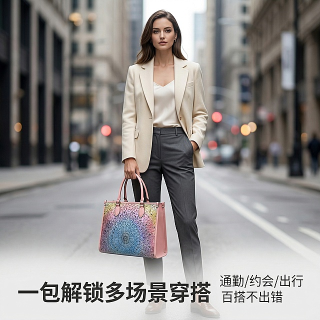 严格还原上传的产品图，包括包装设计、颜色、LOGO位置、文字内容、图案元素等所有细节，商业级电商主图，1:1竖版，8K超高清分辨率，时尚杂志风穿搭场景，25-35岁气质优雅都市女性手持托特包，搭配简约通勤西装/休闲装，背景为高级感城市街景（虚化处理，突出主体），包身完美无瑕，细节清晰。排版为高端杂志风，主标题采用统一极简无衬线粗体字，居左靠下位置，内容为"一包解锁多场景穿搭"；副标题采用统一细体无衬线字，主标题右侧，内容为"通勤/约会/出行 百搭不出错"。文字颜色统一为深灰色 (#333333)，字体格式完全统一，整体风格时尚高级，突出产品搭配性，视觉吸睛，与全系列风格统一。负面提示词：模糊、场景杂乱、产品变形、色彩偏差、包身褶皱、灰尘划痕、多余元素、低分辨率、字体不统一、风格违和、非 1:1 比例、水印