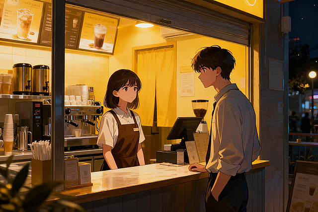夜幕下的咖啡摊，动漫风与轻拟物结合，水彩质感渲染温馨光影，暖黄灯光映衬人物细腻表情，营造柔和治愈的日常氛围。