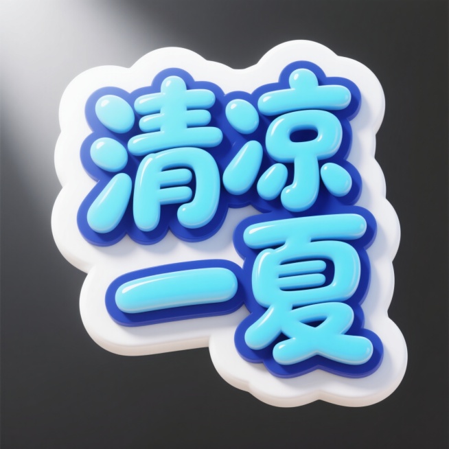 3D立体艺术风格，"清凉一夏"四个汉字采用圆润卡通字体，主体为明亮的天蓝色渐变，边缘有深蓝色描边和白色高光，呈现出光滑塑料质感，光影效果柔和，光源来自左上方，整体氛围清爽明快，背景为纯白色，突出文字主体，充满夏日清凉感。预览效果