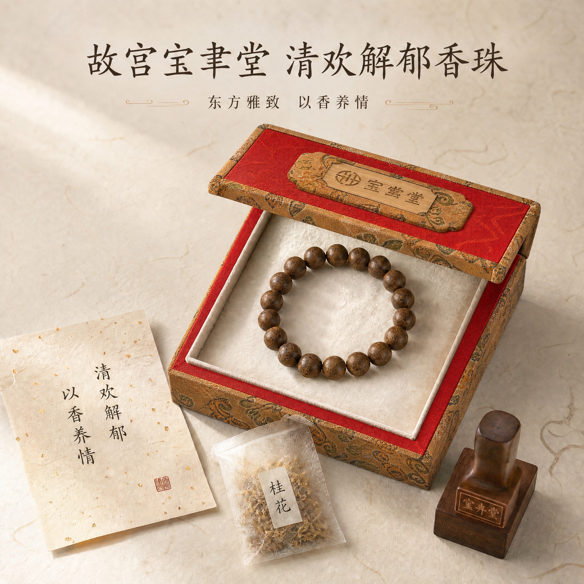 将图中的深棕色木质礼盒替换为image3中的宝聿堂织锦包装盒：… - 图片创意预览