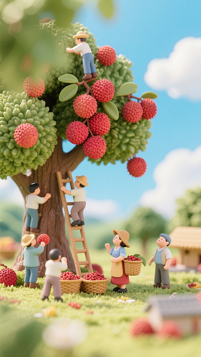 几个微缩小人站在一颗巨大的荔枝树下面，树上挂满了一串串饱满通红的巨大荔枝。有微缩农民拿着梯子往树上爬，有微缩农妇拿着背篓在树下，有微缩农民在树下张望。阳光很好，温暖，丰富的热闹丰收场景，温柔温馨，梦幻，童话世界，充满想象力的画面，小清新，明亮，简单，大场景，丰收景象，背景是蓝天白云。