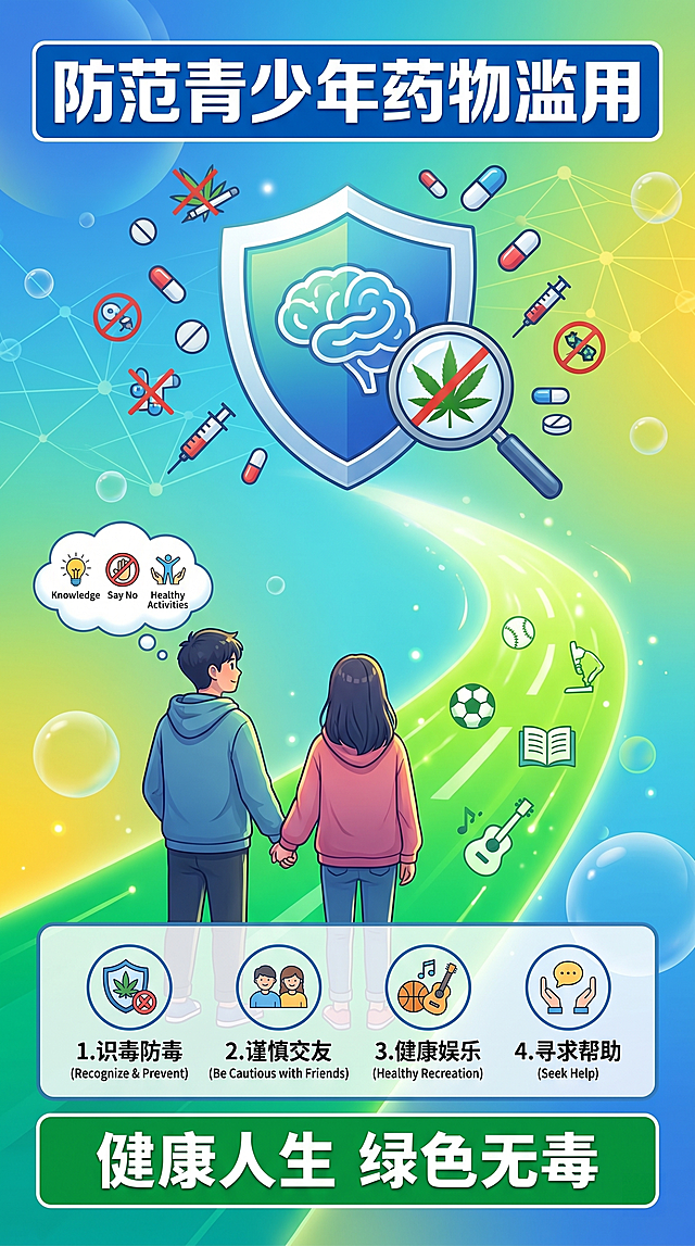 禁毒公益宣传海报，主题为"防范青少年药物滥用"，要求突出主题性、科学性、创新性和传播性，以青少年为受众，科普毒品及涉麻精药品危害，普及防范方法，传递"健康人生、绿色无毒"理念，风格简约醒目，符合青少年审美，画面添加主文案"防范青少年药物滥用"，底部添加副文案"健康人生 绿色无毒"