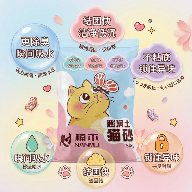 高级可爱风格，1:1比例，猫砂卖点详情图，聚焦猫砂的核心卖点：更除臭、瞬间吸水、结团快、洁净低沉、不粘底、锁住异味，用清晰的图标和放大的文字突出这些卖点，搭配软萌猫咪小元素，背景简洁柔和，让信息清晰易预览效果