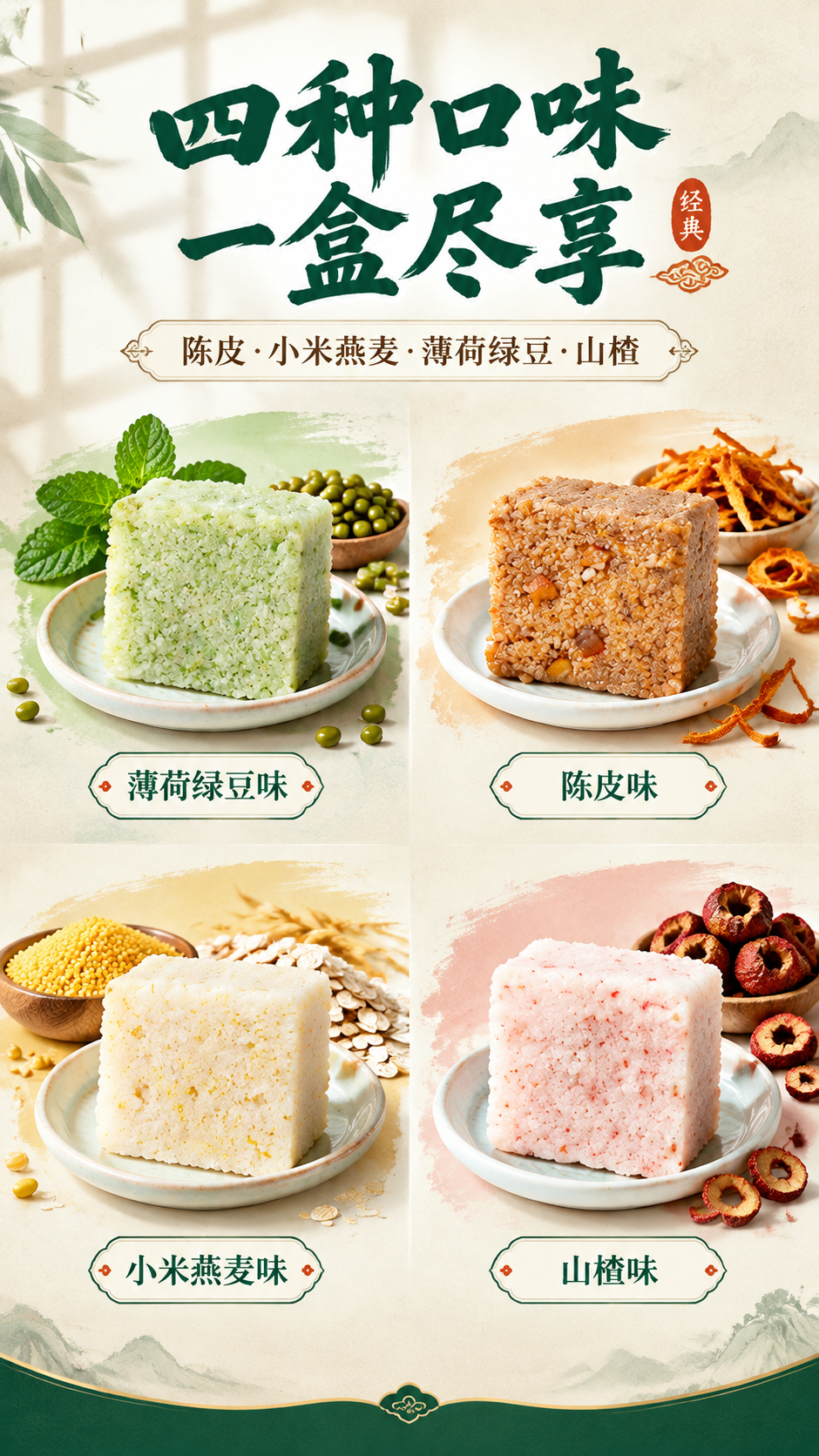 [商品] 使用【图1】实心四拼小方糕；保留四种口味方糕的颜色与… - 图片创意预览