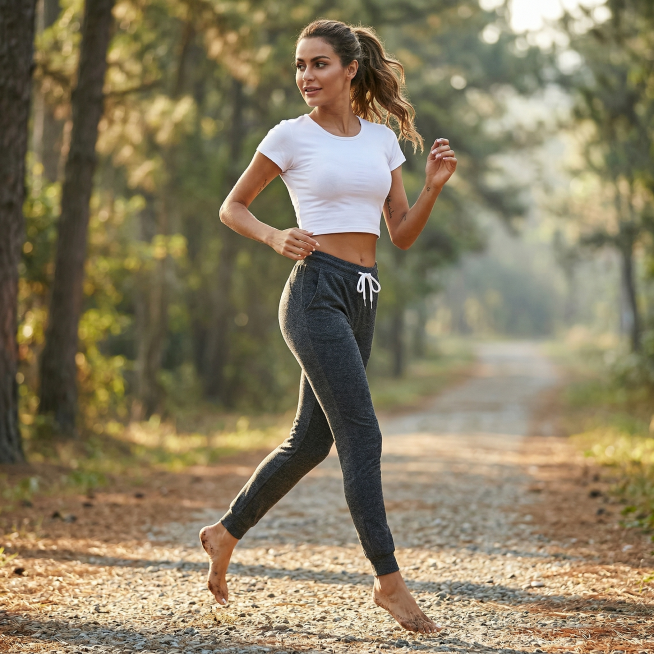 参考提供的参考图，生成1张户外晨跑场景图，保持原麻灰色束脚慢跑裤和白色短袖不变，更换欧美模特不同姿势，不要中国模特，自然晨光，产品细节清晰预览效果