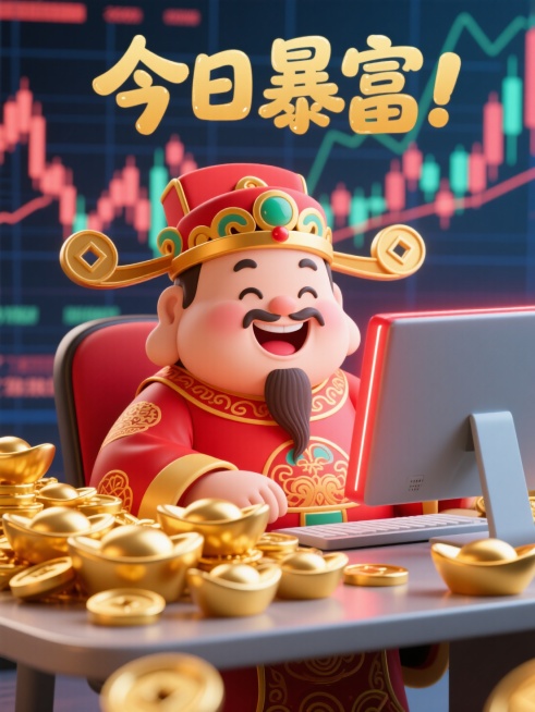 3D卡通风格，环境明亮，财神爷，坐在电脑前，桌子上堆满了金元宝，电脑上的红光照在财神脸上，背景是股票走势图，顶部手写可爱金色文字”今日暴富！“预览效果