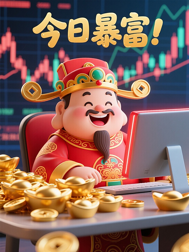 3D卡通风格，环境明亮，财神爷，坐在电脑前，桌子上堆满了金元宝，电脑上的红光照在财神脸上，背景是股票走势图，顶部手写可爱金色文字”今日暴富！“