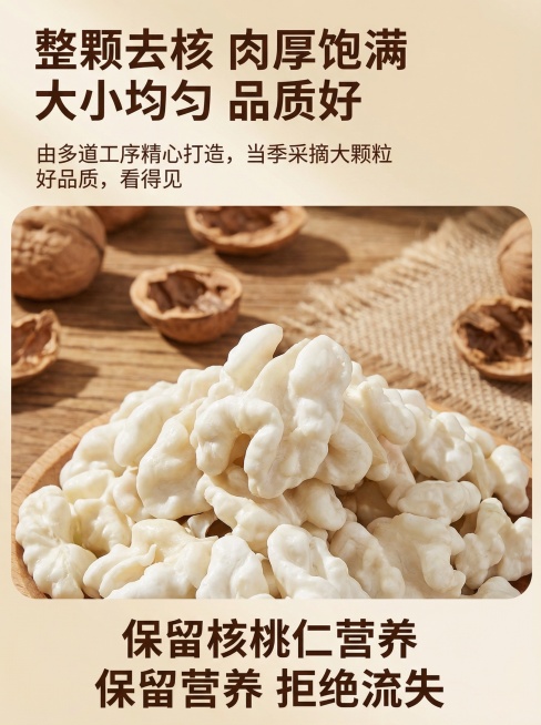 参考这张图片，生成一张类似的整颗去核鲜核桃仁品质宣传图，换一个真实且风格不同的全新背景，不要和原图浅绿+绿色背景相似，保留排版结构、所有文案内容和堆叠大颗粒核桃仁展示，核桃仁保持奶白色，整体尺寸750预览效果