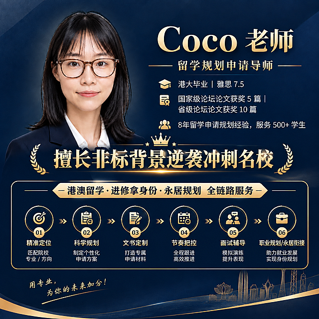 基于参考图的名片进行修改优化，保持深蓝金高端商务风格、1:1正方形构图、2K高清、左侧Coco老师职业头像不变。修改内容如下：
1. 文字修改：将"香港大学毕业 | 雅思 7.5"改为"港大毕业 | 雅思 7.5"
2. 突出核心卖点：将"擅长非标背景逆袭冲刺名校"作为最主要的核心卖点放大突出，用金色醒目字体和特殊图标强调，放在个人介绍最显眼的位置，字号加大，视觉权重提升
3. 下方方框区域重新设计：将原来的6项服务列表改为留学申请全流程流程图形式，用箭头连接的步骤节点展示，流程主题为"港澳留学·进修拿身份·永居规划 全链路服务"，流程步骤依次为：①精准定位 → ②科学规划 → ③文书定制 → ④节奏把控 → ⑤面试辅导 → ⑥职业规划/永居衔接。流程图用金色线条和节点图标设计，每个步骤有简洁标题，整体更有逻辑感和专业感，替代原来的纯列表形式。
整体保持高端精致的设计质感，排版协调美观。