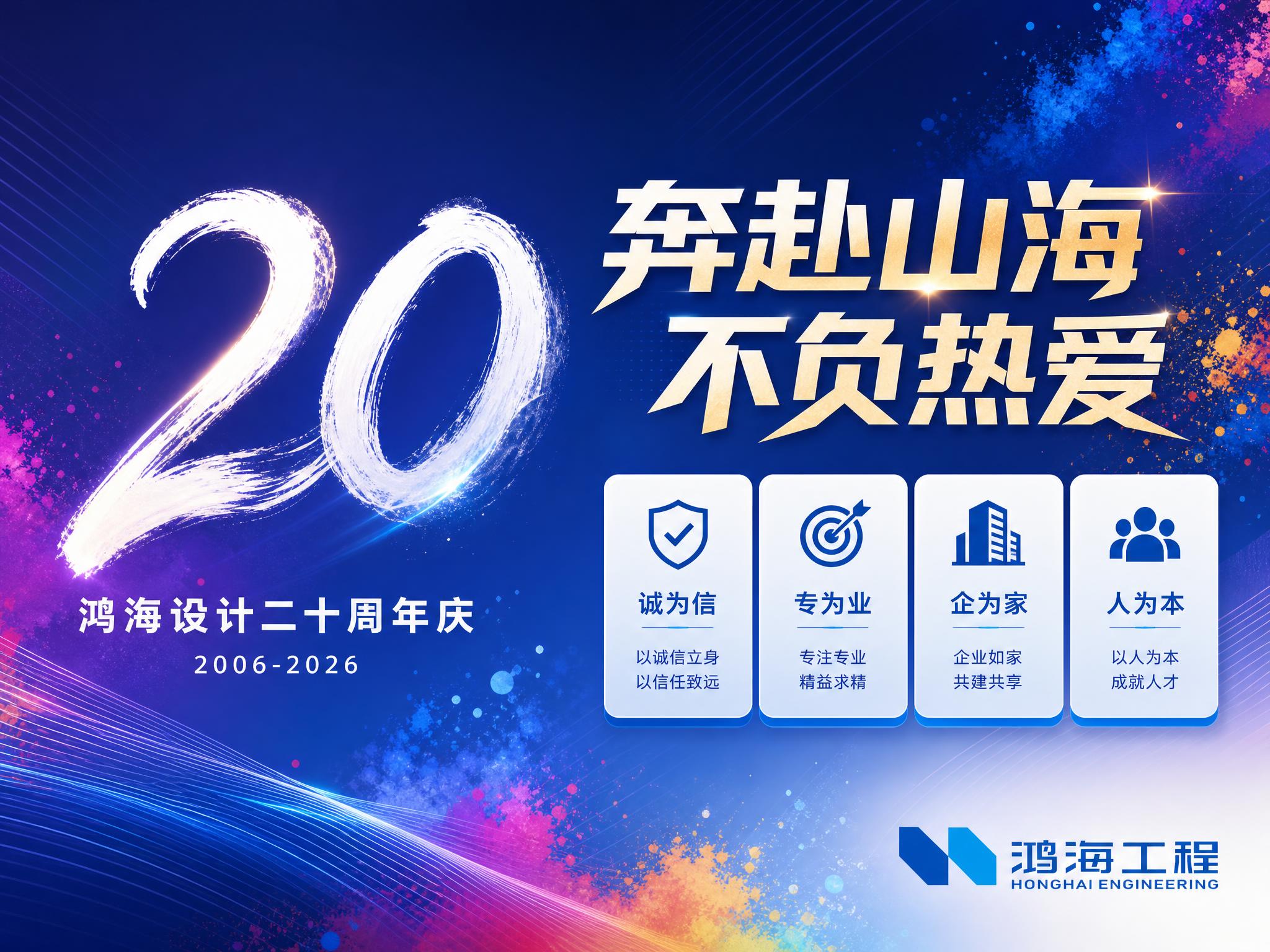 鸿海设计二十周年庆品牌主视觉横幅海报，横版超宽构图，现代时尚风… - 图片创意预览