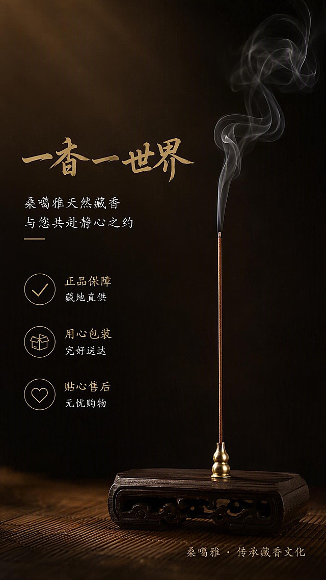 [第12张] 礼遇收尾页-静心好物服务承诺。本张使用【图9】作为燃香氛围主体。
[氛围/风格] 收尾升华，静谧治愈，品牌温度，新中式禅意海报风。
[元素布局] 画面中央偏右为一支点燃的线香，插在黄铜葫芦香插上，青烟袅袅上升，在深色背景中形成优美的烟柱；线香下方有一个简约的黑檀木底座；背景为深棕色渐变，上方有柔和光晕；画面左侧大面积留白用于文字；底部隐约可见竹编纹理。
[光影质感] 侧逆光打亮烟雾，青烟丝丝分明，呈现神圣的光感；黄铜香插有温暖高光；整体暗调背景突出烟雾和光点，氛围宁静深远。
[配色色系] 全局底色 #1A130E 深棕近黑；主色青烟灰白+黄铜金色；辅助色黑檀木深棕、光晕暖黄。
[视角构图] 右实左虚，右侧香与烟为视觉焦点，左侧文字区；阅读动线左上主标题 → 中部服务承诺 → 底部品牌语。
[文字版式] 左上主标题「一香一世界」，金色大字书法体；下方副标题「桑噶雅天然藏香 与您共赴静心之约」，白色细体；中部三条服务承诺图标+文字：「✓ 正品保障 藏地直供」「✓ 用心包装 完好送达」「✓ 贴心售后 无忧购物」；底部右下角品牌语「桑噶雅 · 传承藏香文化」，金色小字；文字排版雅致，留白充足。
[比例分辨率] 9:16 竖版比例，2K 分辨率，文字清晰可辨，高清画质。
[负向提示词] 烟雾不自然，香插变形，水印，文字过小，背景杂乱，颜色发灰，光影平淡。