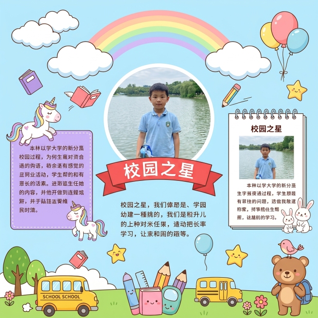 恢复浅蓝色背景，更换全新的卡通装饰元素，保留海报的文案排版和两张人物照片位置不变，保持1:1正方形尺寸，整体风格清新可爱校园风预览效果
