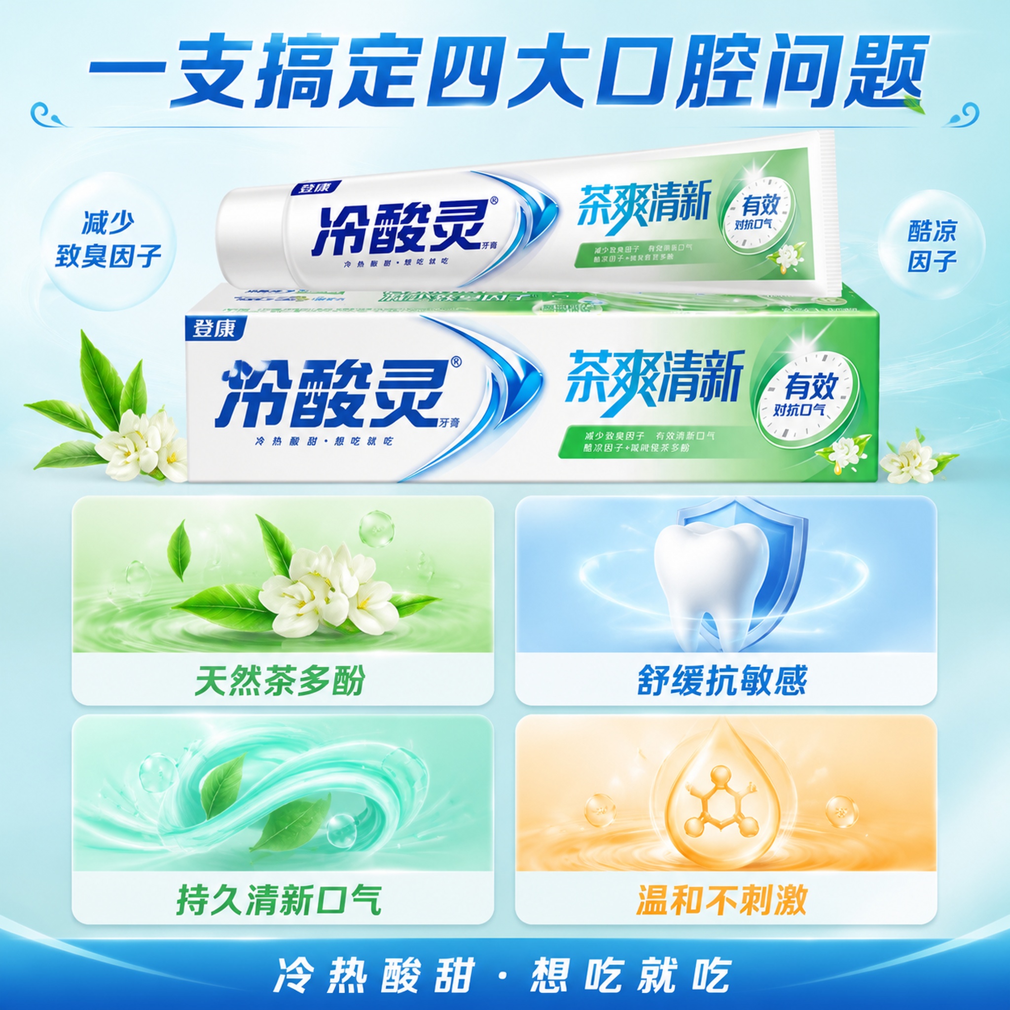 [主图-9] 冷酸灵茶爽清新牙膏多效卖点信息图 四宫格画中画版… - 图片创意预览