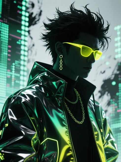 潮流男性人物剪影，蓬松翘起的独特发型，发光黄色墨镜，个性耳饰与别致链条饰品，反光渐变装饰的未来感外套，形象为须佐之男，墨绿色数字矩阵背景，交织噪点与频谱美学的黑白背景，赛博朋克风格，水墨艺术，清冷科技预览效果