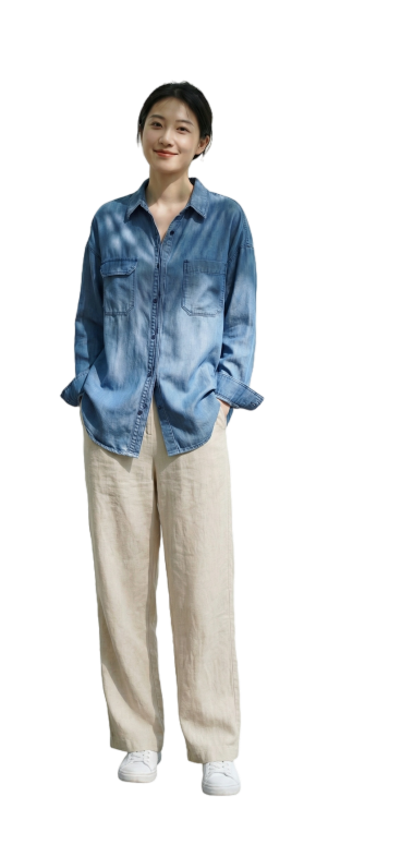 将模特的下半身替换为同色系的全棉或棉麻材质裤子，去掉画面上的光影预览效果