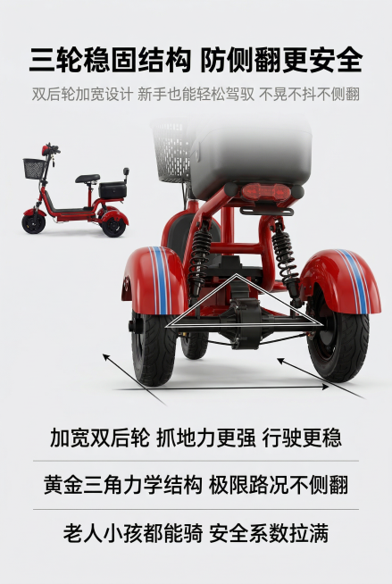 2:3竖版电商详情页核心安全卖点屏，8K超高清，写实商业摄影风格，柔和侧逆光突出产品结构，杂志级精致排版，整体风格与前屏统一。画面主体为电动三轮车后双轮结构特写，采用低角度仰拍视角，清晰展示前单后双三预览效果