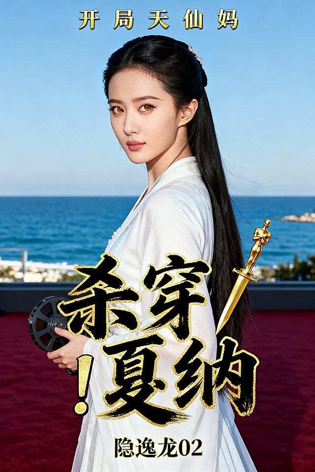 都市娱乐小说封面，顶部是瘦金体金色描边小字“开局天仙妈”，中部是占画面40%的狂草书法玄黑加金箔描边大字“杀穿戛纳”，感叹号做成金色奖杯剑尖形状，底部是行楷小字“隐逸龙02”。画面中是神似刘亦菲演过的小龙女/赵灵儿的人物，鹅蛋脸略拉长，下颌线锋利，丹凤眼眼尾微挑，琥珀色瞳孔，高挺鼻子山根起点略低弱化驼峰感，薄唇略加厚唇珠不明显，眉形凌厉，清冷又带英气，侧后方45度回眸，手持胶片，身着月白色服饰。背景是戛纳蔚蓝海景，搭配深红红毯，整体呈现爽感与古风贵气结合的风格