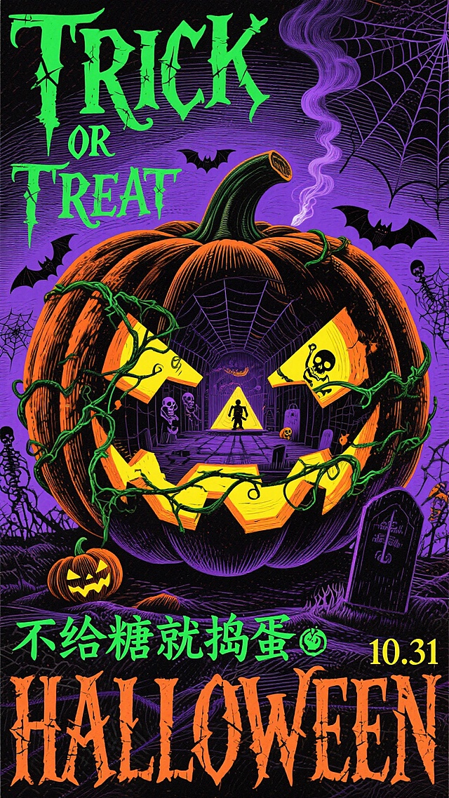 万圣节主题海报，视觉嵌套式构图，以巨大南瓜头为核心容器，内部呈现微型场景，深紫色与黑色为主色调，搭配荧光绿与橙色点缀，局部明黄色增加对比，背景深紫到黑色渐变。装饰元素包括蜘蛛网、蝙蝠群、魔法烟雾、骷髅装饰。主标题“TRICK OR TREAT”采用尖锐哥特式字体，字母边缘有破损效果，部分字母被南瓜藤蔓缠绕，荧光绿渐变效果带黑色阴影。辅助文案“不给糖就捣蛋”为俏皮手写体，配有小南瓜图标。日期“10.31”为墓碑式设计，位于右下角。英文“HALLOWEEN”以巨大字号作为背景，低透明度纹理处理。整体画面精致且年轻化，具有铜版画风格，线条肌理感强，明暗对比鲜明。