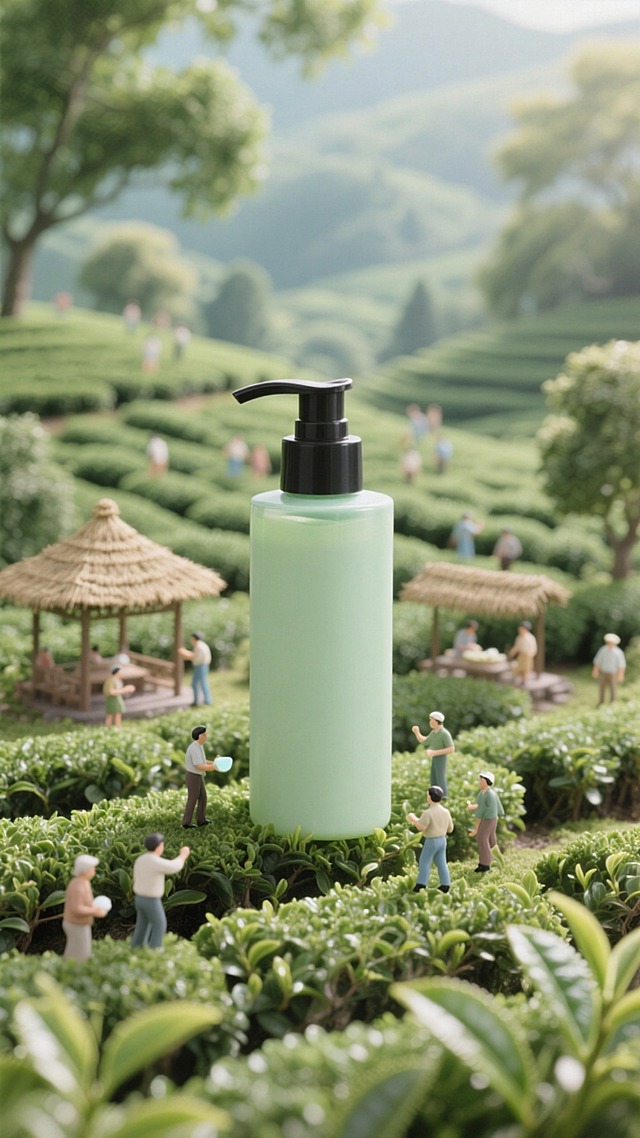 画面中心是一瓶带有黑色按压泵头的浅绿色沐浴露。背景是大片翠绿的茶园，点缀着茅草亭，许多人在茶园中活动，营造出自然、清新且富有生机的氛围，突出产品的天然草本属性。