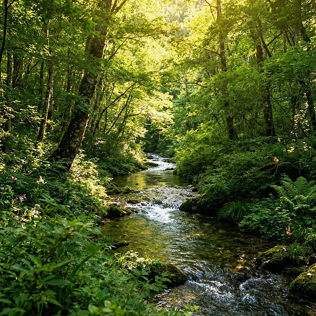 葱郁树林间小溪流过的生机场景，适合作为微信头像，画面精致和谐