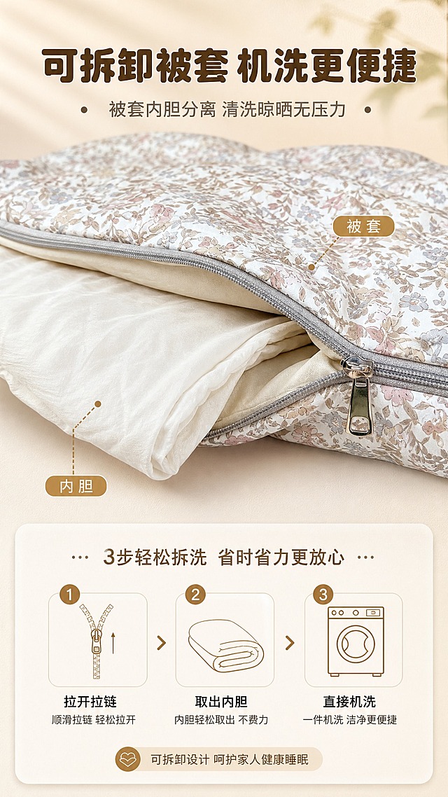 [商品] 使用【图2】可拆洗被套设计实拍图，展示拉链开口和被套内胆分离状态；保留产品结构：碎花面料、灰色拉链、金属拉链头、被套+内胆双层结构；商品处理：增强拉链金属质感和面料纹理，自然理顺布料褶皱，不改变颜色和结构。
[画面] 页面目标：突出可拆卸被套、一件机洗更便捷卖点。构图：上图下文，上半部分产品拉链细节大图占60%，下半部分文字+机洗示意图标占40%，背景柔和暖调。阅读动线：顶部主标题→中部产品拉链细节→底部卖点说明+步骤图标。
[视觉] 套系策略：风格=温馨治愈家居商业摄影风；标题字=圆润粗黑体；正文字=简洁无衬线体；主色=奶杏米白；背景延展=基于奶杏米白做深浅层级、暖调渐变和细腻织物/墙面质感；强调色=焦糖棕，仅用于小面积图标、引线、标签和重点文字高亮；标题色=深暖棕；正文色=中暖灰；组件=圆角浅底信息卡、细线引线、柔边标签；光影=左前侧暖柔光，柔和自然阴影。
[文字] 顶部主标题"可拆卸被套 机洗更便捷"，副标题"被套内胆分离 清洗晾晒无压力"，下方3步图标："拉开拉链""取出内胆""直接机洗"，配简短文字说明。
[规格] 图片比例9:16竖版，4K，避免变形、错字、文字过小、冷蓝/冷灰背景、产品颜色改变、版型失真、极限词。