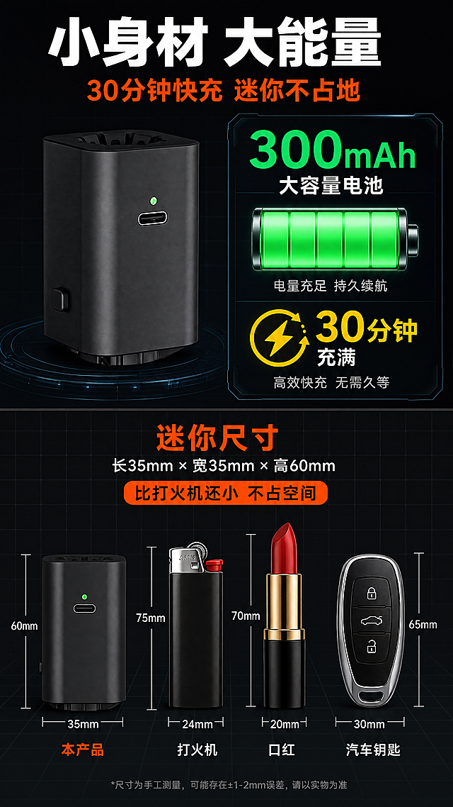 [第11张] 续航快充 + 迷你尺寸页-300mAh大容量 + 30分钟快充 + 小巧尺寸对比。本张使用【图1】作为产品主体。
[氛围/风格] 深色数据科技风，数据可视化，尺寸对比直观，拼多多直白展示风格。
[元素布局] 画面上下分区：上半部分为续航快充区，左侧产品图（占比35%），右侧电池容量数据可视化图形（300mAh大数字+进度条）和快充时间展示（30分钟充满）；下半部分为迷你尺寸区，产品与常见物品（打火机、口红、钥匙）尺寸对比，标注尺寸35×35×60mm；产品外观结构与输入图一致；背景为深灰黑色，带有数据网格线。
[光影质感] 产品柔光照明，数据图形有发光效果，尺寸对比区光线均匀清晰，整体明亮有科技感。
[配色色系] 全局底色 #1A1A1A 深黑灰；主色 橙红色 #FF4D00；辅助色 绿色电量 #00FF66、白色文字、黄色快充图标。
[视角构图] 上下分区布局，阅读动线顶部标题 → 上半区续航快充 → 下半区尺寸对比，信息分层清晰。
[文字版式] 版式为顶部通栏标题 + 上续航区 + 下尺寸区。主标题「小身材 大能量」白色超大粗黑体，副标题「30分钟快充 迷你不占地」橙红色；上半区：「300mAh」超大数字绿色，「大容量电池」副标题，「30分钟充满」黄色快充图标+文字；下半区：尺寸标注「长35mm × 宽35mm × 高60mm」，对比说明「比打火机还小 不占空间」，配迷你尺寸对比示意图。
[比例分辨率] 9:16 竖版比例，4K 分辨率，文字清晰可辨，高清画质。
[负向提示词] 产品变形，比例失调，颜色偏差，水印，文字错乱，尺寸标注错误。