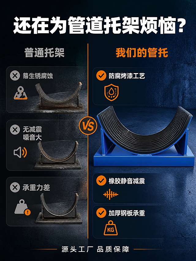[商品] 使用【图2】半托型工业管道托架（管托）；保留U型蓝色托架结构、黑色橡胶减震条、蓝色底座、整体比例；产品精修：清理表面，增强漆面光泽，橡胶纹理清晰。
[画面] 页面目标：痛点对比，突出产品解决的行业问题。左右对比型版式，左侧为"普通托架"（生锈、无减震、单薄），右侧为"本品管托"（蓝色烤漆、加厚橡胶、稳固承重）。中间用一条橙色竖线分隔。产品位于右侧，占比约40%，正面视角。左侧用简化图标和文字表现传统托架的问题。
[视觉] 套系策略：风格=专业工业风商业摄影；标题字=粗黑体无衬线；正文字=中等粗细无衬线体；主色=深海蓝；背景延展=基于深海蓝做深浅层级、同色渐变和金属/水泥质感；强调色=亮橙色，仅用于小面积图标、引线、标签和重点数字；标题色=白色；正文色=浅灰色；组件=深色半透明信息卡、细橙色引线、工业风图标；光影=左前侧硬柔光，金属高光明显，阴影硬朗有工业感。
[文字] 顶部白色粗黑大标题："还在为管道托架烦恼？"。左侧区域上方灰色标题："普通托架"，下方3个灰色叉号图标+灰色文字："易生锈腐蚀""无减震噪音大""承重力差"。右侧区域上方橙色标题："我们的管托"，下方3个橙色对号图标+白色文字："防腐烤漆工艺""橡胶静音减震""加厚钢板承重"。底部有一行白色小字："源头工厂 品质保障"。
[规格] 图片比例3:4竖版，4K，避免变形、错字、文字过小、产品结构失真、水印、平台logo。