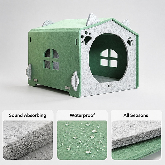 [Main image 2] Core function display of sound-absorbing cotton cat house. Keep product appearance consistent with original image. Light gray low-saturation gradient background, soft light. 3 function cards with rounded corners arranged horizontally at the bottom, each with text description. First card: "Sound Absorbing" with local material texture detail of sound-absorbing cotton, second card: "Waterproof" with waterproof coating detail, third card: "All Seasons" with breathable fiber detail. The product occupies the upper 2/3 of the picture, centered. All text in English, clear and readable, no text occlusion of the main body. 1:1 ratio, commercial photography texture. Negative prompt: deformation, text disorder, blurry product picture, messy background, watermark, e-commerce platform Logo