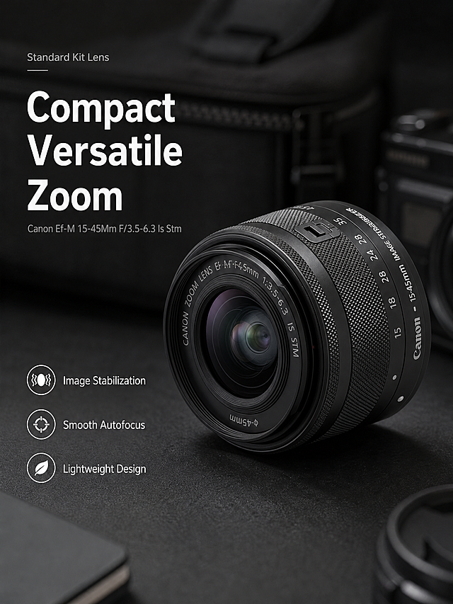[第1屏] 详情页头图- Canon EF-M 15-45mm f/3.5-6.3 IS STM zoom lens宣传海报。
[氛围/风格] Professional minimalist commercial photography style, realistic product display, low saturation, high-definition detail, objective and reliable, highlights the product itself without fancy decorations.
[元素布局] The EF-M 15-45mm lens is placed in the right half of the screen, occupying 65%-70% of the main area. Maintain the physical structure, material texture, and color consistent with the input product images: all-black body with knurled zoom ring, front lens with frosted coating, Canon logo and focal length text markings, switch button position, all the details consistent with the original product. The background on the left is a dark blurred camera bag and photography workspace environment, retaining enough space for the title area, the overall layout is left text right product, no border full screen.
[光影质感] Soft main light from the upper left highlights the body's metal and rubber texture, natural projection in the lower right, clear highlight edges on the lens barrel, the overall picture is bright and transparent, product edges are clear and real.
[配色色系] Global background color: #1A1A1A (dark charcoal gray); main body color: #000000 (lens black) + #FFFFFF (text logo); auxiliary color: #F0F0F0 (title text) + #666666 (environment background).
[视角构图] 45-degree oblique front perspective, shallow depth of field, product in the right half, title area on the left, reading flow from left to right, clear primary and secondary.
[文字版式] Layout: left title + right product. Main title "Compact Versatile Zoom" in white, left-aligned, font size is 12% of the screen width, the first letter of each main word is capitalized. Subtitle below "Canon Ef-M 15-45Mm F/3.5-6.3 Is Stm" in light gray, font size is 40% of the main title. Three function labels at the bottom left: "Image Stabilization", "Smooth Autofocus", "Lightweight Design", each label is matched with a simple white icon, text is clear and does not obscure the product. Corner label at the top left "Standard Kit Lens" in small white text.
[比例分辨率] 3:4 vertical ratio, 2K resolution, all text is clear and readable.
[负向提示词] Deformed lens, missing parts, wrong structure, color deviation, watermark, text confusion, blurred product image, messy background, Chinese characters.