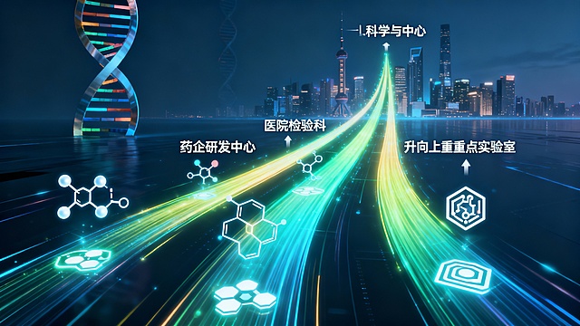 一幅动态视觉图：三条发光路径从“化学分子”中心向外延伸——一条通往“药企研发中心”，一条指向“医院检验科”，一条升向“国家重点实验室”。每条路径上漂浮着关键符号：分子结构式、荧光探针、纳米颗粒，背景是DNA双螺旋与城市天际线交融，象征科学与产业的共振。