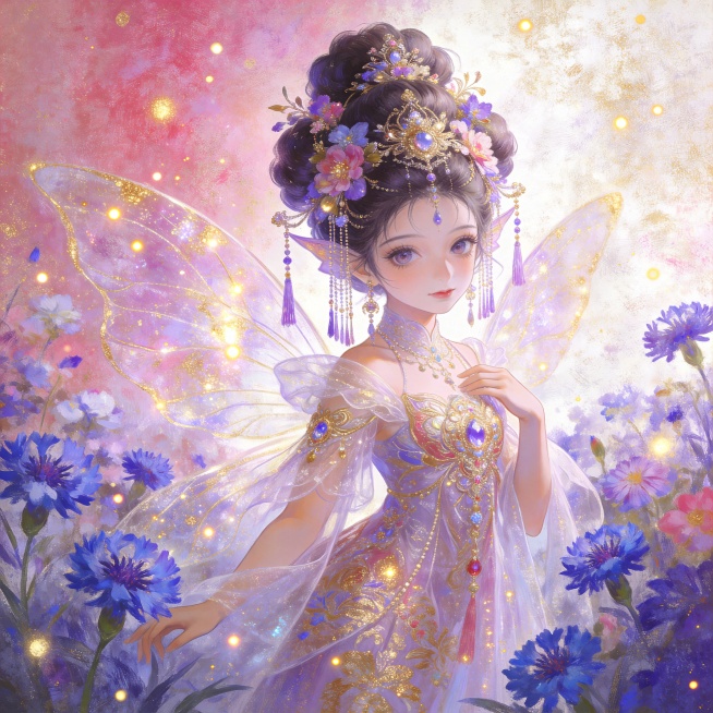 莫奈风格装饰人物画，满屏矢车菊与各类花草，以粉色紫色金色为主高饱和度色调，留白、渐变与晕染效果，油画肌理质感，厚涂法，绚丽艺术感；小仙子有着多层蓬松发髻，满头花草与流苏层层叠叠装饰，细节精致华丽璀璨，预览效果