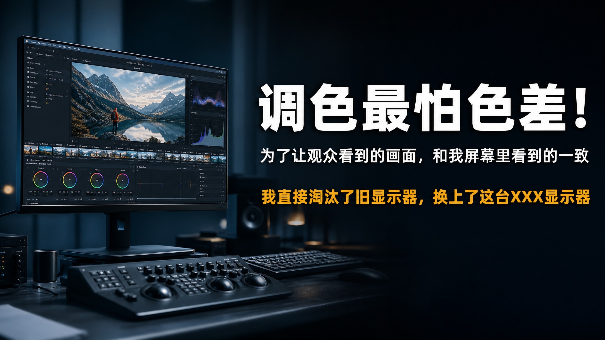 视频帧画面，16:9横版比例，专业调色工作场景。画面左侧或中央… - 图片创意预览