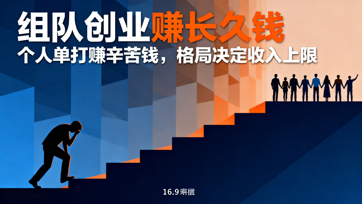 创业格局主题海报，主标题"组队创业赚长久钱"，副标题"个人单打赚辛苦钱，格局决定收入上限"，画面左侧是单个忙碌疲惫的人物剪影，右侧是一群人手拉着手望向远方，阶梯式上升背景，主副标题分明，对比强烈，现代预览效果
