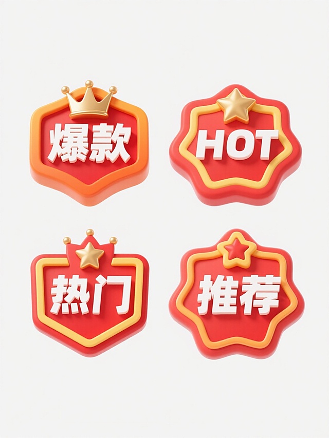 一组四个不同造型的爆款元素集合，每个元素都采用相同的3D立体徽章风格，主色调为红色，边缘有橙黄色渐变描边，内部包含白色粗体文字和金色装饰元素，整体呈规整的对称布局，分别展示“爆款”、“HOT”、“热门”、“推荐”字样，每个徽章的星星和皇冠等装饰细节略有差异，背景为纯白色，所有元素整齐排列成两行两列的矩阵形式。