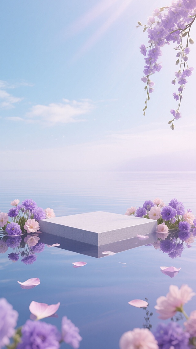 柔和梦幻的浅紫色调背景，清澈平静的水面倒映着天空与花朵，水面上漂浮着几片淡紫色和粉色的花瓣，中央有一个简约的浅灰色长方体平台，平台周围点缀着盛开的紫色和淡粉色花朵，右上角有垂下的花枝，背景是朦胧的淡蓝色天空与轻柔的光晕，整体营造出宁静、清新、浪漫的氛围，具有柔和的光影过渡和细腻的质感表现。