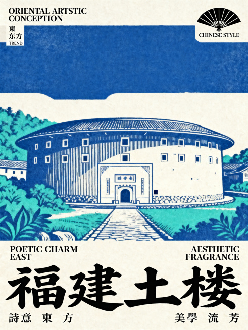 以福建土楼建筑为主题，福建圆形土楼居中作为主体景观，对称稳定风景构图。采用克莱因蓝+青绿色+米白留白的固定配色，蓝色勾勒轮廓和重色块，绿色表现植被环境，米白做基底和建筑留白，风格干净清新。新中式版画拓预览效果