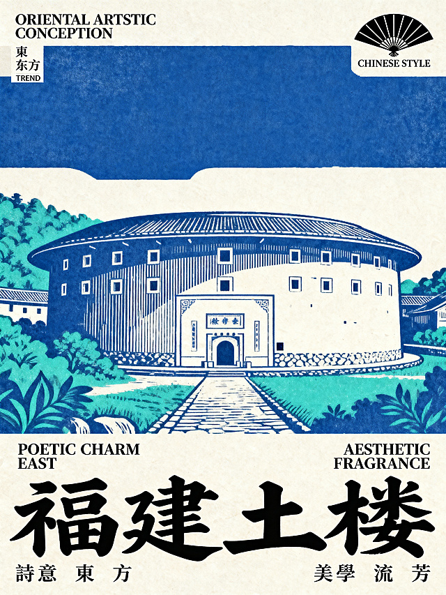 以福建土楼建筑为主题，福建圆形土楼居中作为主体景观，对称稳定风景构图。采用克莱因蓝+青绿色+米白留白的固定配色，蓝色勾勒轮廓和重色块，绿色表现植被环境，米白做基底和建筑留白，风格干净清新。新中式版画拓印风格，带有清晰版画刻线纹理，平涂块面加排线肌理，传统版画装饰质感，清晰轮廓线区分结构，排线表现明暗层次。排版：左上角有英文“ORIENTALARTSTIC CONCEPTION”加小字“東 东方 TREND”，底部是黑色书法大字“福建土楼”主标题，左右对称英文“POETIC CHARM EAST”和“AESTHETIC FRAGRANCE”，下方分别对应小字“詩意 東 方”和“美 學 流 芳”。右上角添加黑色中式折扇标识，标识下方标注CHINESE STYLE。