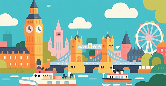 帮忙生成一个带有英国伦敦的地标建筑 伦敦桥 大本钟 伦敦眼的卡通城市插画 尺寸是2.3m*1.2m