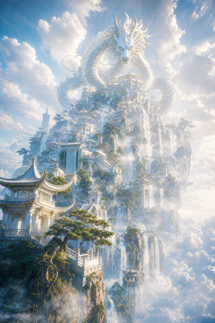 上古东方云海白龙仙宫秘境，圣龙护佑下的浮空仙都，史诗级中式美学场景，极繁主义细节，极致垂直空间深邃纵深感，兼具神圣压迫感与清新仙气。低角度垂直纵深构图，以浮空仙岛与瀑布为引导线，强化从近景云海到山顶仙预览效果
