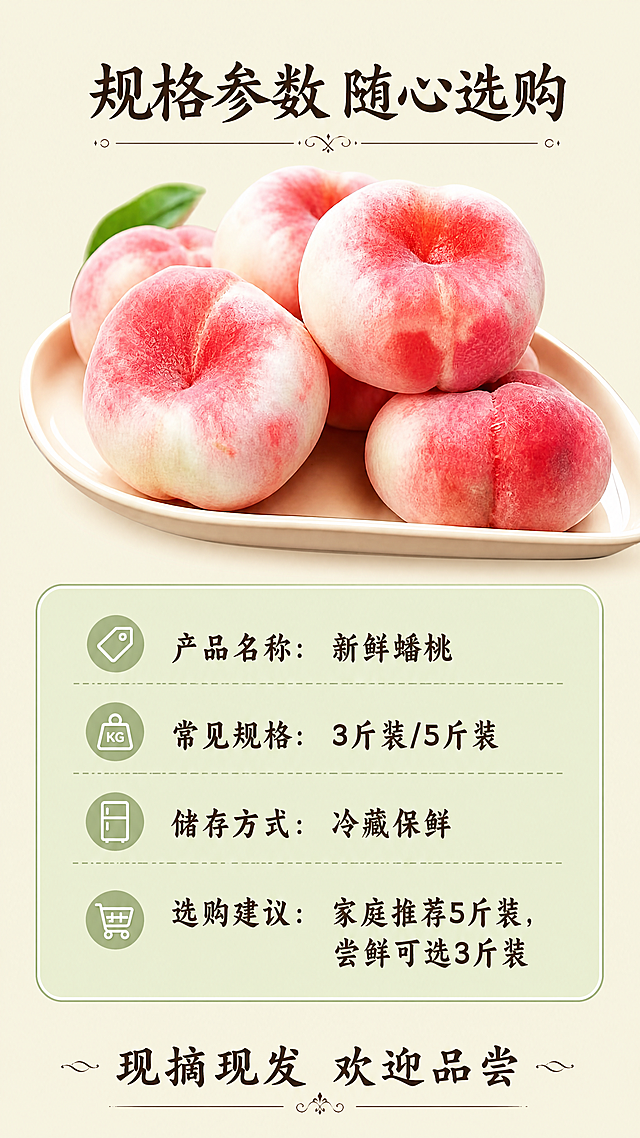 [第8屏] 规格信息与选购建议收尾。本屏使用【图1】产品参考，保持产品外观一致。
[氛围/风格] 干净规整的信息展示风格，清晰易读，延续全套生鲜自然质感。
[元素布局] 画面上半部分摆放完整一盘蟠桃，保持外形颜色绒毛和原图一致，占画面约50%；下半部分是规格信息和选购建议，用浅绿信息卡承载，占画面约40%，整体留白合理不拥挤。
[光影质感] 自然柔和主光，产品清晰，信息区域明亮，文字易读，阴影柔和。
[配色色系] 全局底色：#F5F5DC（浅米黄）；产品保持原粉色系，信息卡浅绿色，文字深棕色，整套配色完全统一。
[视角构图] 产品在上，信息在下，竖向排版，符合手机从上到下阅读习惯。
[文字版式] 顶部主标题「规格参数 随心选购」居中，深棕色适度书法字体；下半部分信息卡包含：
- 产品名称：新鲜蟠桃
- 常见规格：3斤装/5斤装
- 储存方式：冷藏保鲜
- 选购建议：家庭推荐5斤装，尝鲜可选3斤装
信息排版整齐，行距合适，手机端清晰可读。底部收尾文案「现摘现发 欢迎品尝」居中。字体风格、字色、字效完全沿用首屏设定。
[比例分辨率] 9:16竖版比例，4K分辨率，文字清晰可辨，超高清。
[负向提示词] 产品变形，文字错乱，表格不齐，颜色偏差，背景杂乱，水印，违规表达