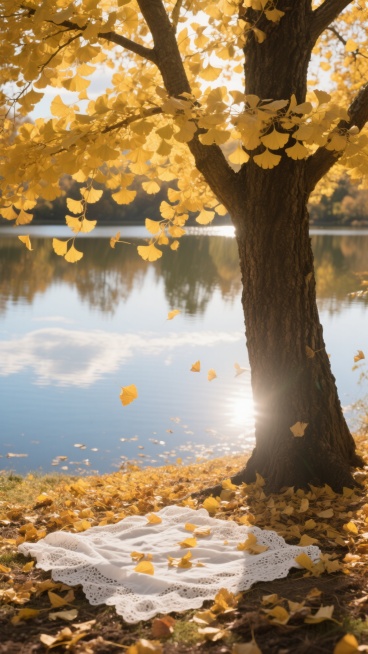 深秋时节，一棵粗壮的银杏树，金黄的扇形叶子挂满枝头，部分叶子飘落，覆盖在地面和一块铺在地上的白色蕾丝布上。背景是一片平静的湖泊，湖面倒映着天空和树木的影子。阳光透过树叶洒下，形成斑驳的光影效果，整个画面充满了温暖、宁静的氛围。预览效果
